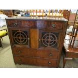 MAHOGANY CUPBOARD WITH FULL WIDTH DRAWER TO TOP WITH TWO GLAZED AND FRETWORK CARVED DOORS OVER TWO