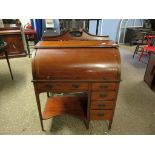 EDWARDIAN MAHOGANY AND SATINWOOD BANDED SMALL CYLINDER DESK WITH SINGLE PEDESTAL WITH FOUR DRAWERS