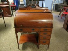 EDWARDIAN MAHOGANY AND SATINWOOD BANDED SMALL CYLINDER DESK WITH SINGLE PEDESTAL WITH FOUR DRAWERS