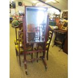 19TH CENTURY MAHOGANY AND SATINWOOD BANDED CHEVAL MIRROR ON SPLAYED LEGS RAISED ON BRASS CASTERS