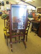 19TH CENTURY MAHOGANY AND SATINWOOD BANDED CHEVAL MIRROR ON SPLAYED LEGS RAISED ON BRASS CASTERS