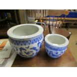 TWO MODERN BLUE AND WHITE ORIENTAL INFLUENCED JARDINIERES