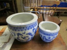 TWO MODERN BLUE AND WHITE ORIENTAL INFLUENCED JARDINIERES