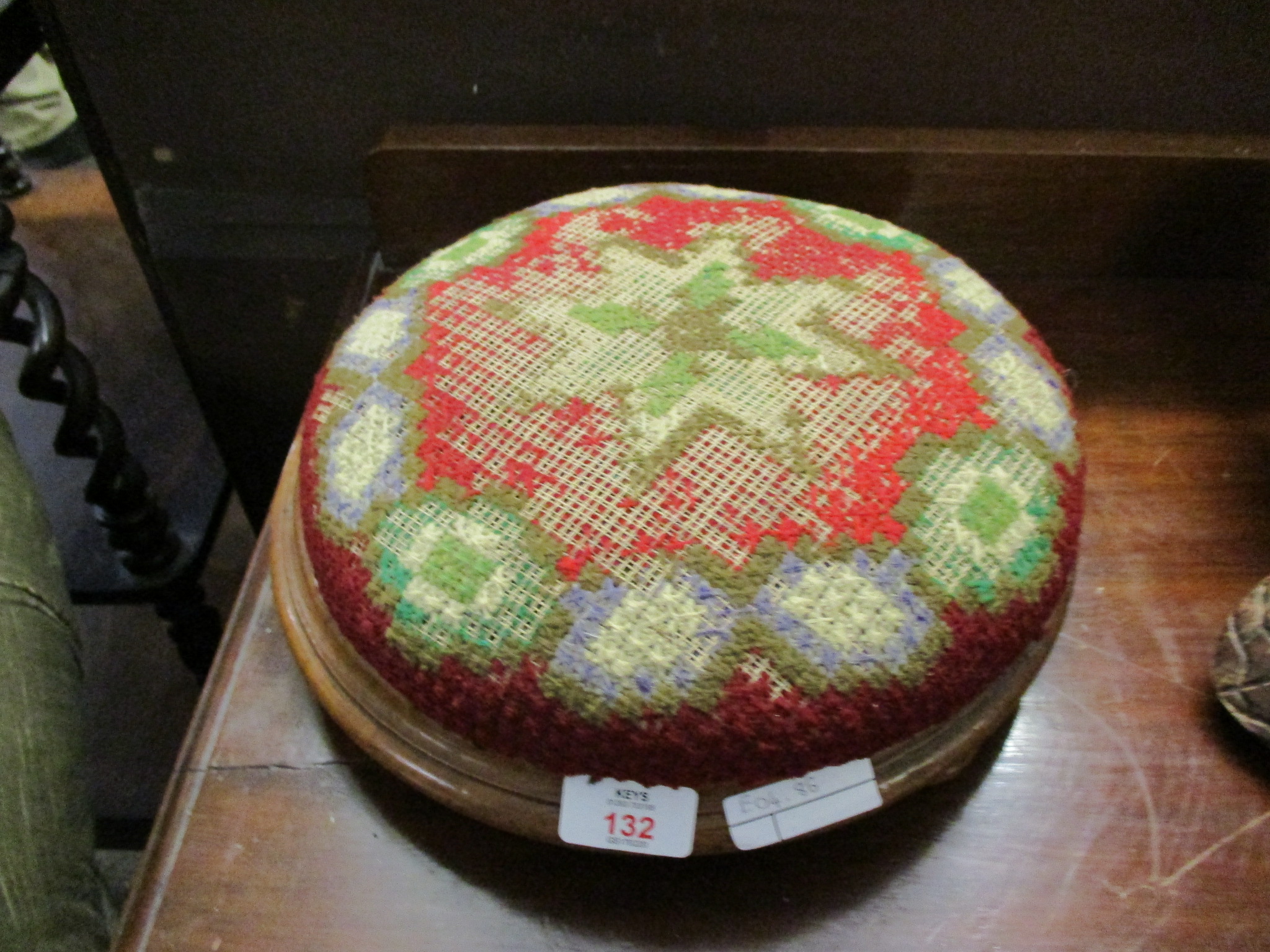 VICTORIAN SQUAT STOOL WITH EMBROIDERED TOP RAISED ON BUN FEET
