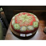 VICTORIAN SQUAT STOOL WITH EMBROIDERED TOP RAISED ON BUN FEET