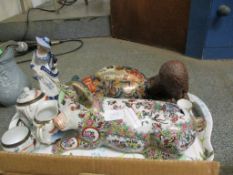 TWO MODERN ORIENTAL PIG TYPE ORNAMENTS, A RESIN FIGURE, CONTINENTAL FIGURE AND A JAPANESE PART TEA