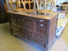 LATE 18TH/EARLY 19TH CENTURY OAK AND INLAID MULE CHEST WITH LIFT UP TOP WITH FOUR PANELLED FRONT