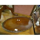 EDWARDIAN MAHOGANY AND SATINWOOD BANDED TRAY WITH CENTRAL OVAL INLAID PANEL OF MUSICAL INSTRUMENTS