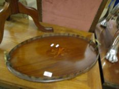 EDWARDIAN MAHOGANY AND SATINWOOD BANDED TRAY WITH CENTRAL OVAL INLAID PANEL OF MUSICAL INSTRUMENTS