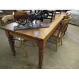 STAINED PINE FRAMED RECTANGULAR KITCHEN TABLE ON TURNED LEGS