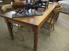 STAINED PINE FRAMED RECTANGULAR KITCHEN TABLE ON TURNED LEGS