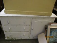 WHITE PAINTED PINE FRAMED SIDEBOARD WITH THREE DRAWERS BESIDE A SINGLE CUPBOARD DOOR