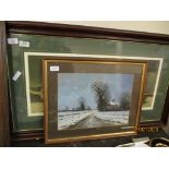 TEAK FRAMED PRINT OF A STAG TOGETHER WITH A FURTHER OIL OF A WINTER LANDSCAPE BY G HALL