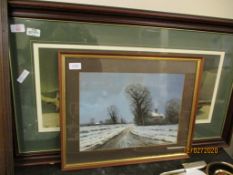 TEAK FRAMED PRINT OF A STAG TOGETHER WITH A FURTHER OIL OF A WINTER LANDSCAPE BY G HALL