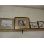 WATERCOLOUR OF AN ESTUARY, A FURTHER GOUACHE OF A TRAIN AND TWO FURTHER PRINTS (4)