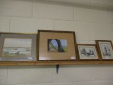 WATERCOLOUR OF AN ESTUARY, A FURTHER GOUACHE OF A TRAIN AND TWO FURTHER PRINTS (4)