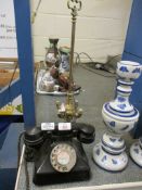VINTAGE BAKELITE TELEPHONE, TOGETHER WITH A FURTHER EASTERN BRASS OIL LAMP (2)