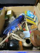 BOX CONTAINING VICTORIAN GLASS ROLLING PIN, PAIR OF ETCHED GLASS VASES, LEATHER CASED MEASURING TAPE