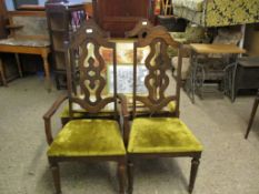 SET OF FOUR OAK FRAMED SPLAT BACK DINING CHAIRS WITH GREEN VELVET UPHOLSTERED SEATS COMPRISING THREE