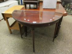 REPRODUCTION MAHOGANY DEMI-LUNE SIDE TABLE ON THREE TURNED LEGS