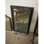 OAK FRAMED WALL MIRROR TOGETHER WITH A FURTHER BRASS FRAMED SPARK GUARD AND A PAIR OF BRASS IRONS