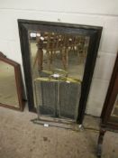 OAK FRAMED WALL MIRROR TOGETHER WITH A FURTHER BRASS FRAMED SPARK GUARD AND A PAIR OF BRASS IRONS