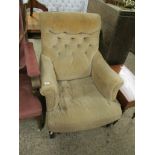 TAN CORDUROY UPHOLSTERED BUTTON BACK ARMCHAIR ON TAPERING SQUARE FRONT LEGS RAISED ON PORCELAIN
