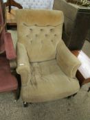 TAN CORDUROY UPHOLSTERED BUTTON BACK ARMCHAIR ON TAPERING SQUARE FRONT LEGS RAISED ON PORCELAIN