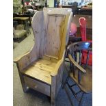 RUSTIC PINE PANELLED HIGH BACK SEAT WITH SINGLE DRAWER TO BASE