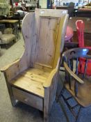 RUSTIC PINE PANELLED HIGH BACK SEAT WITH SINGLE DRAWER TO BASE