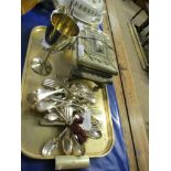 EASTERN BONE MOUNTED SILVER PLATED TABLE TOP BOX, SILVER PLATED FLAT WARES, CASTER ETC