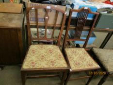 EDWARDIAN MAHOGANY AND SATINWOOD BANDED SPLAT BACK BEDROOM CHAIR WITH FLORAL UPHOLSTERED AND A OAK