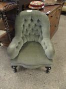 GREEN UPHOLSTERED BUTTON BACK NURSING CHAIR WITH PAD FEET