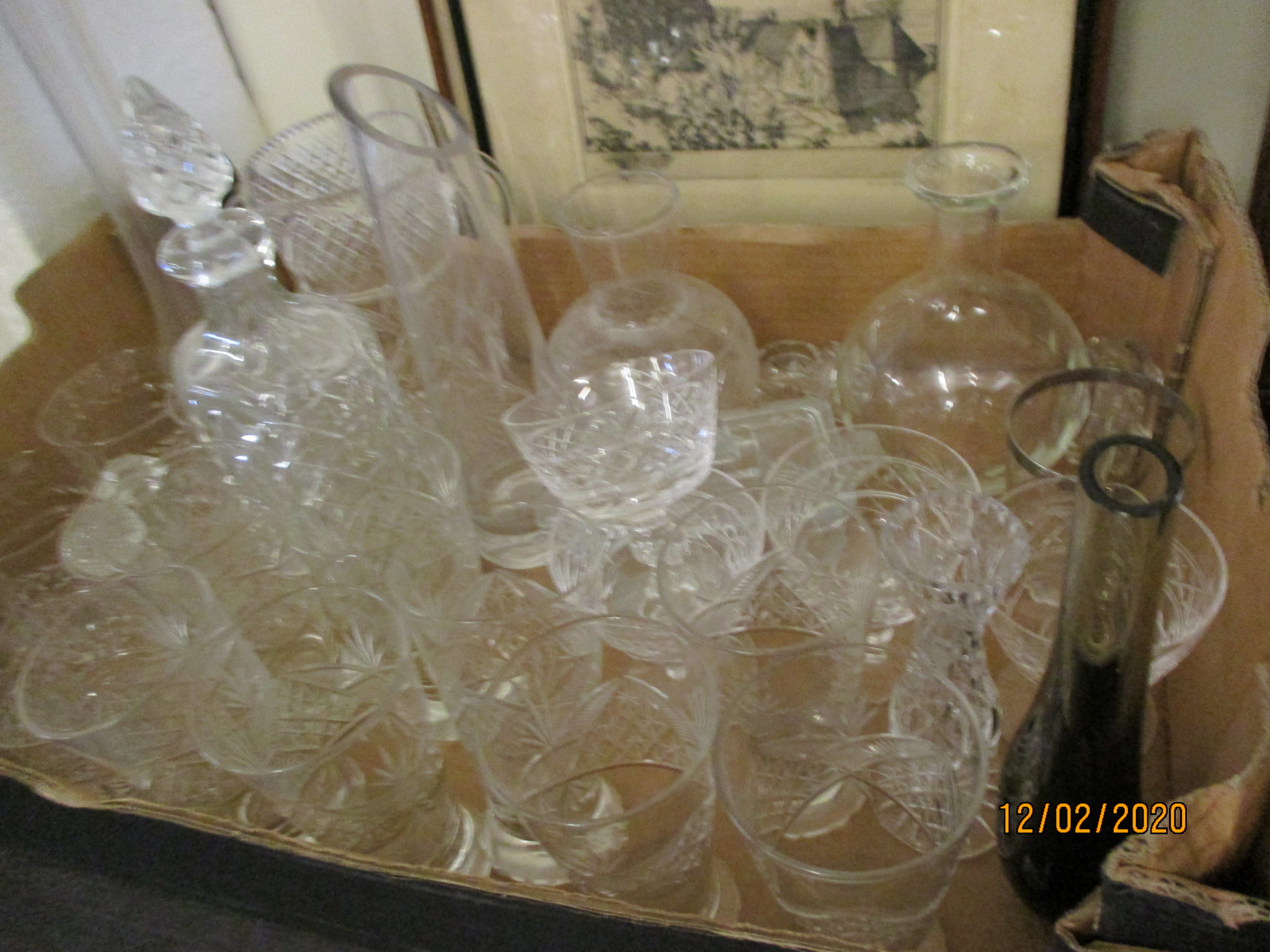 BOX CONTAINING GLASS WARES, DECANTER ETC