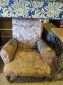 19TH CENTURY MAHOGANY FRAMED ARMCHAIR WITH FLORAL UPHOLSTERED SEAT (A/F)