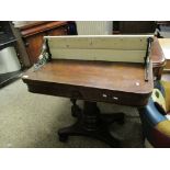 19TH CENTURY MAHOGANY FOLD OVER CARD TABLE WITH GREEN BAIZE LINED INTERIOR ON TURNED COLUMN ON A