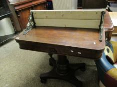 19TH CENTURY MAHOGANY FOLD OVER CARD TABLE WITH GREEN BAIZE LINED INTERIOR ON TURNED COLUMN ON A