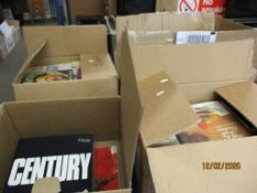 FOUR BOXES OF BOOKS, VINYL RECORDS ETC