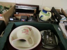 TWO BOXES OF PRINTS, PICTURES, BRASS INK STAND, WASH JUG AND BOWL ETC (2)