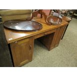 EASTERN HARDWOOD TWIN PEDESTAL DESK FITTED CENTRALLY WITH SINGLE DRAWER