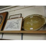 LACQUERED OVAL PAINTED TRAY AND TWO FRAMED PRINTS