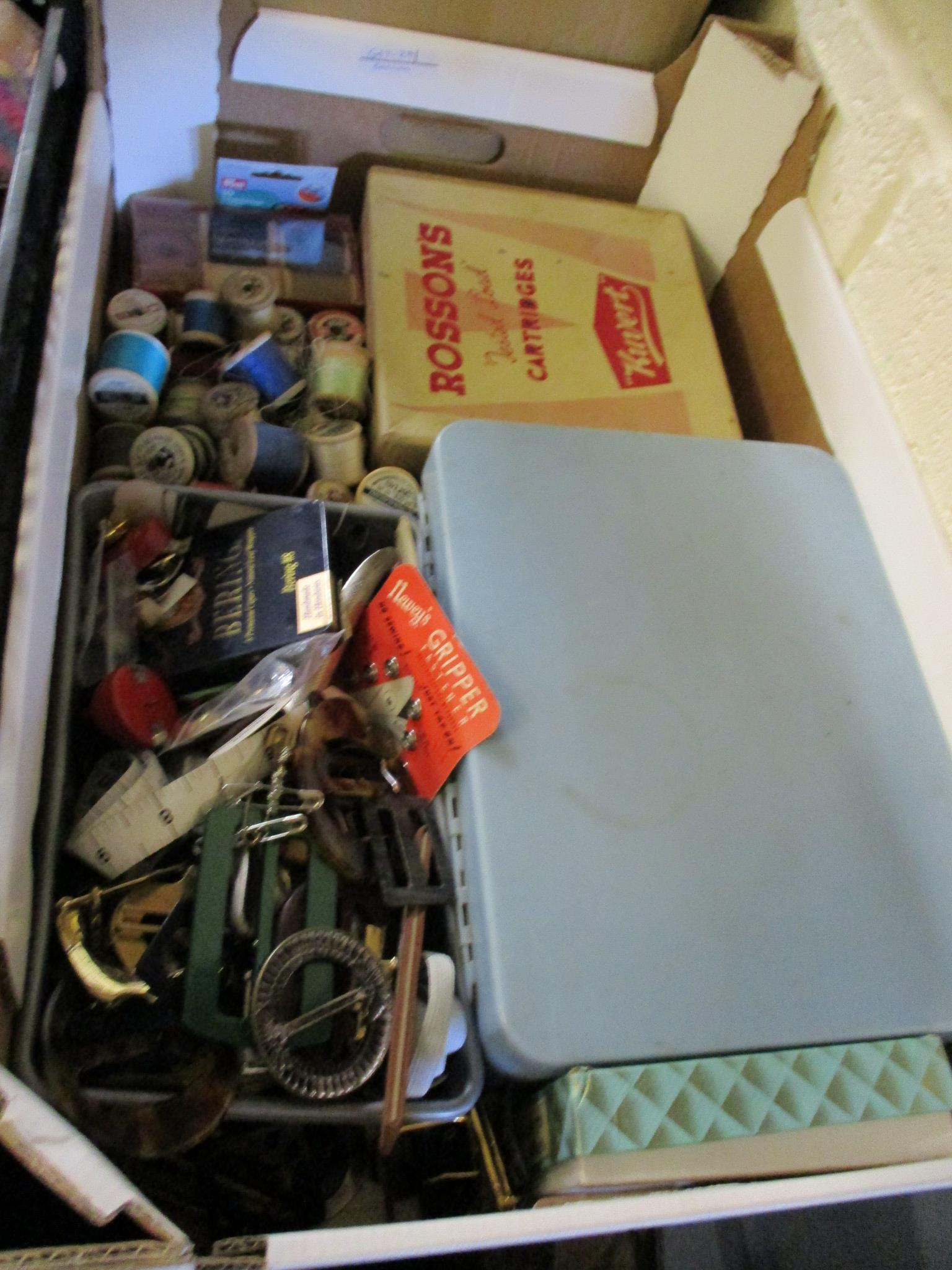 BOX CONTAINING SEWING SUNDRIES, THREAD ETC