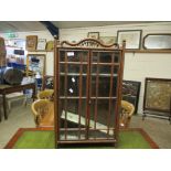 GOOD QUALITY BENTWOOD TYPE WALL CABINET WITH TWO GLAZED DOORS WITH SHAPED TOP AND URN FINIALS FITTED