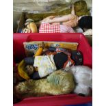 TWO BOXES CONTAINING VINTAGE CHILDREN'S SOFT TOYS, POPEYE FIGURE, DOLLS, BEAR ETC