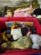TWO BOXES CONTAINING VINTAGE CHILDREN'S SOFT TOYS, POPEYE FIGURE, DOLLS, BEAR ETC
