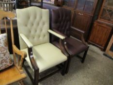 PAIR OF REPRODUCTION MAHOGANY FRAMED GAINSBOROUGH CHAIRS, ONE WITH CREAM LEATHER UPHOLSTERY AND