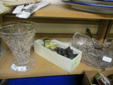 BOX CONTAINING MIXED RESIN CHESS PIECES, CUT GLASS VASE, BOWL, KNIFE RESTS ETC