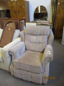 BROWN UPHOLSTERED MODERN ARMCHAIR WITH BUTTON BACK