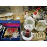 BOX CONTAINING COCKEREL ORNAMENTS, BOXED PIANO FORMED MUSIC BOX ETC