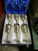 BLUE CASE CONTAINING SIX SILVER PLATED ETCHED GOBLETS